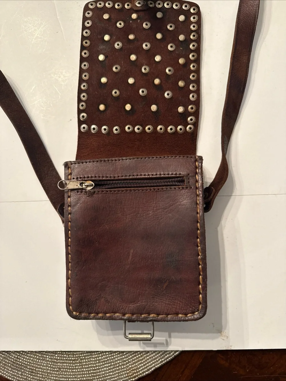 Vintage Moroccan Brown Leather Crossbody Coin-Studded Bag